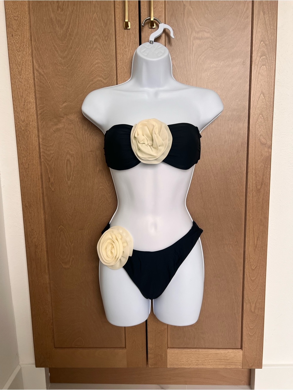 Rosette Black Bikini Set with Cream Flower Accents